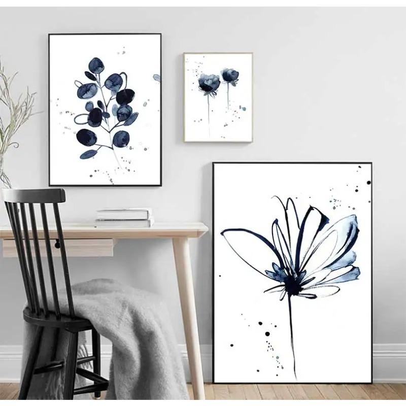 Watercolor Flower Poster Abstract Ink Blue Leaf Wall Painting Art On Canvas Modern Minimalist Image  Mural Roomdecoration
