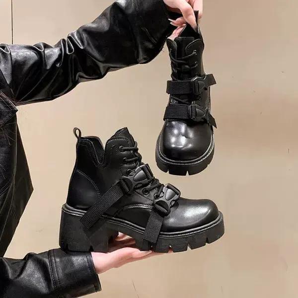 Muffin bottom retro lace-up round head thick-soled short boots women's autumn new thick-heeled British locomotive boots
