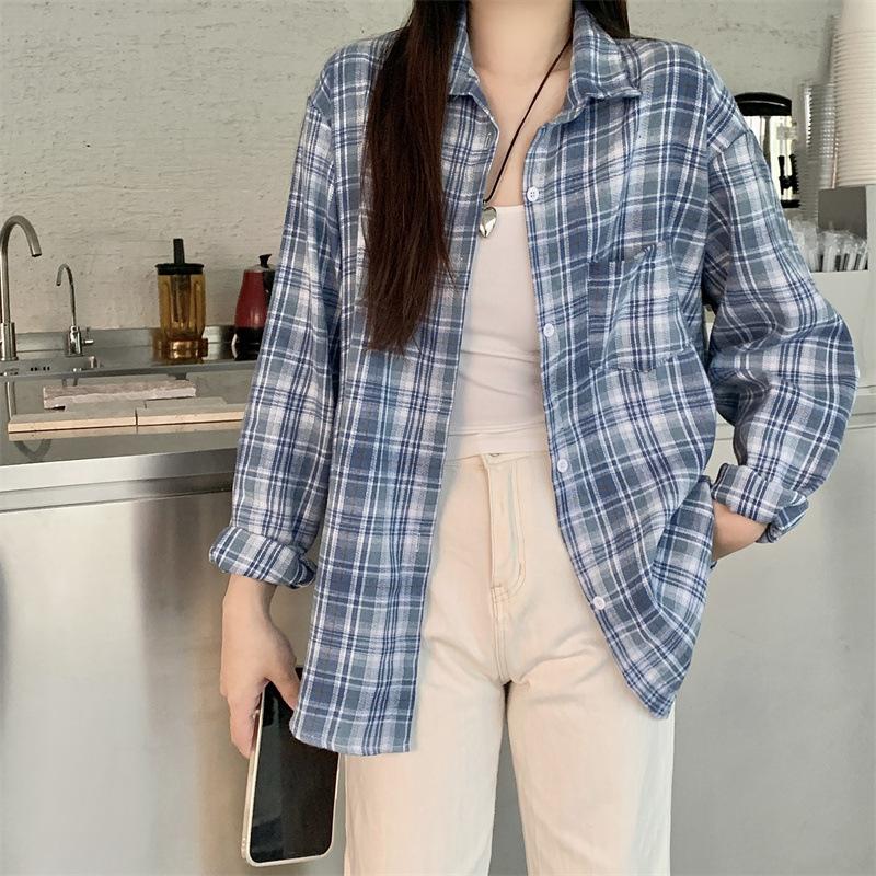 1116 New Spring and Autumn Design Plaid Shirt Jacket Women's New Loose Casual Meat Cover Medium and Long Shirt