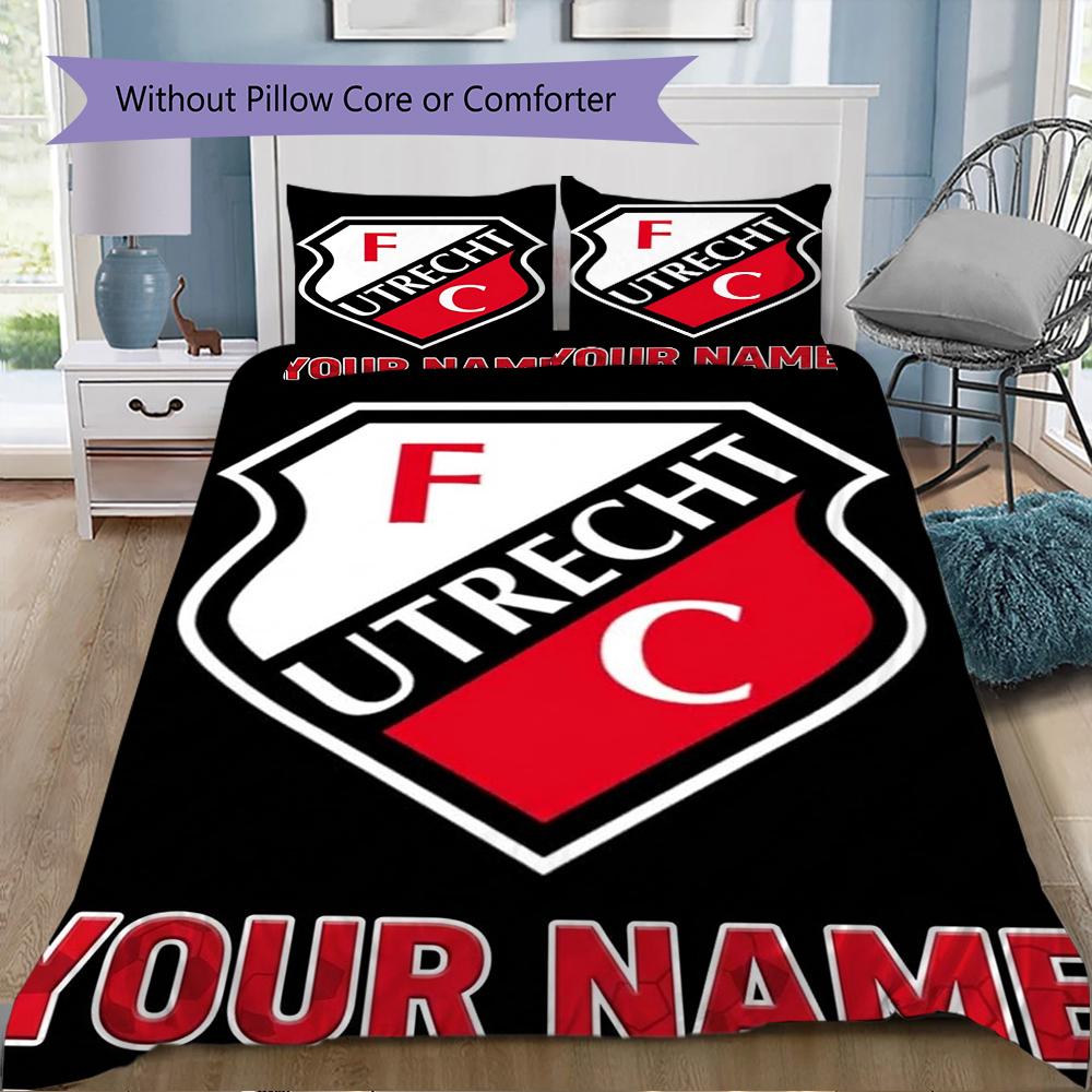 Benutzerdefinierter Name FC Utrecht Muster Bettwäsche Steppdecke Set Steppdecke Bezug Kissenbezug Heimdekoration Geburtstagsgeschenk (1*Bettbezug+2*Kissenbezug ohne Füllung)