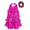 Shiny Sequins Halter Leotard for Girls: Backless Design with Hair Tie Headwear for Modern Jazz Latin Dance Costume