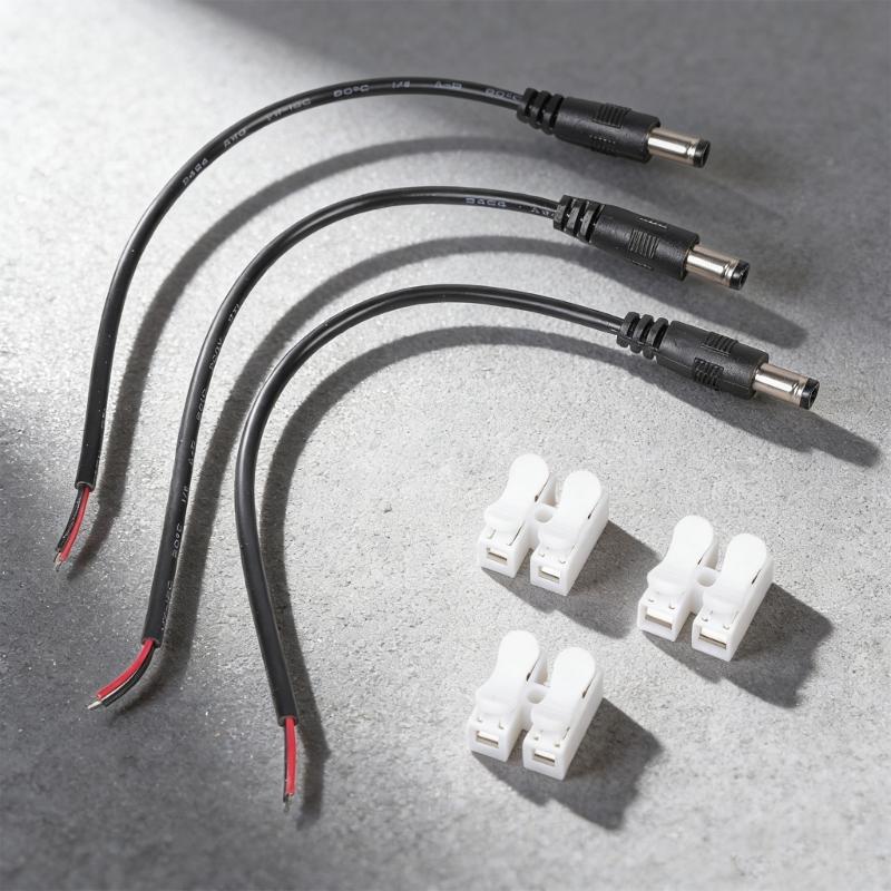 Pack of 3 5.5x2.5mm Male Plug to Bare Wire Cables Featuring Terminal Lugs Suitable for LED Strips and Monitoring Cameras