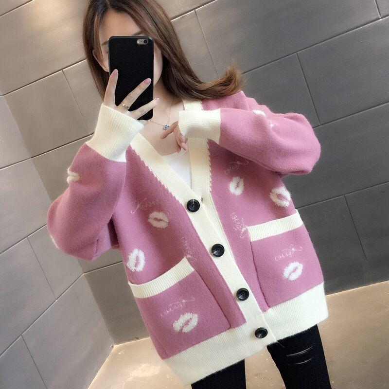 Sweater Jacket Women's Cardigan New Embroidered Lip Print Knitted Sweater Autumn and Winter Versatile Very Hot Top