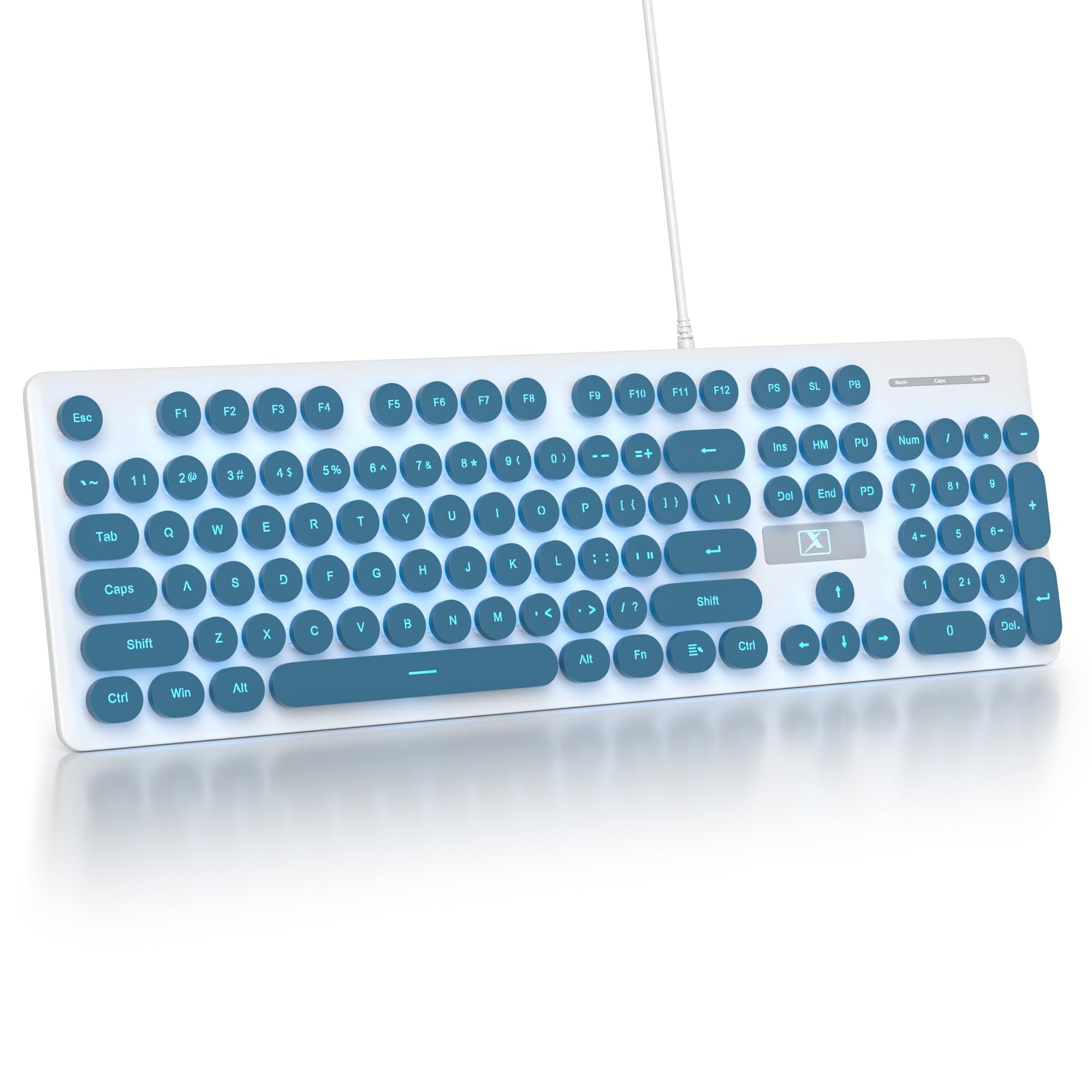 

Ussixchare Wired Quiet Membrane Full Size 104 Key Retro Punk Typewriter with Blue LED USB Ultra Slim Gaming Keyboard with ABS Round Keycaps for