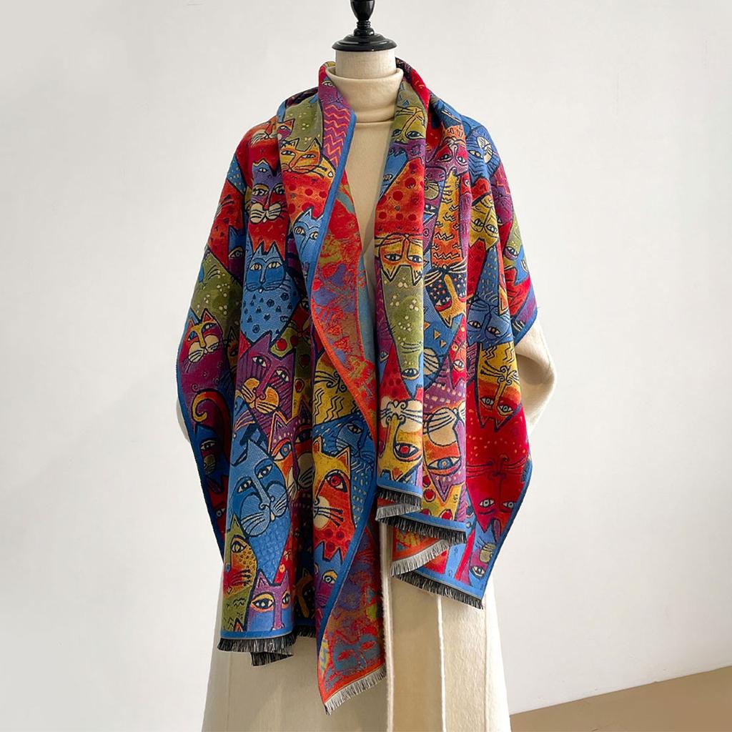 Luxury Winter Cashmere Colorful Kitten Design Scarf Women Warm Pashmina Blanket Poncho Scarves Female Oil painting Shawl Bufanda