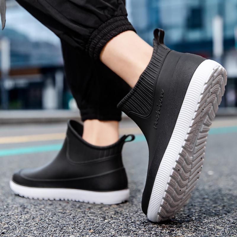 Men's short rain shoes fashion non-slip waterproof fashion rain boots fleece thermal rubber shoes kitchen water shoe cover shoes fashion