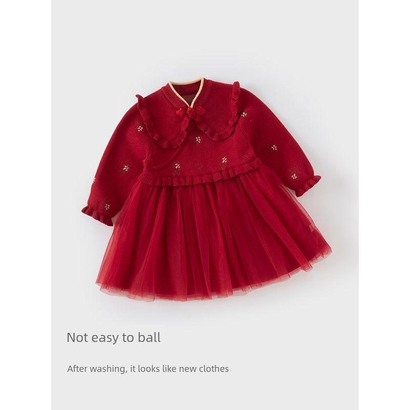 David Bella Girls' Sweater Dress Spring Outfit Children's Fleece Knit Dress Baby Chinese Style New Year Dress Children's Clothing