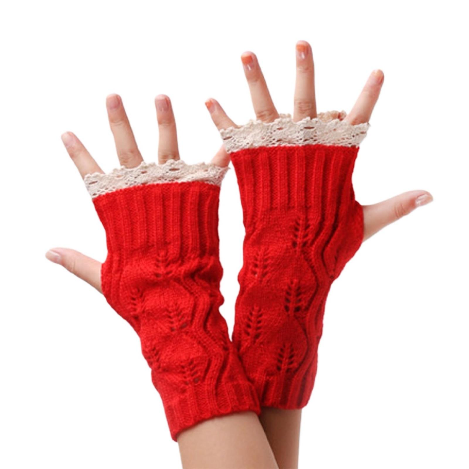 

Женские зимние теплые шерстяные перчатки, без пальцев, с красичным кружевом и короткие One Size красный