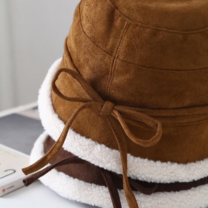 Vintage Suede Bucket Hats Women Winter Thickened Fleece-lined Warm Lamb Fleece Fisherman Hat Outdoor Ski Riding Basin Hat