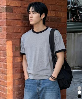 Yosemiti Striped Color Block Roll-Up Ringer Crop Short Sleeve Tee 3 Colors Yt-3Y27