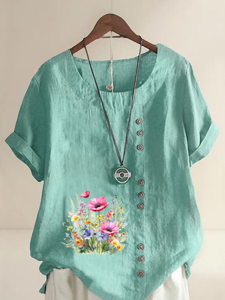 Women's Fashion Flower Bed Printing Round Neck Short Sleeve T-shirt Casual Cotton Linen Graphic Shirt Leisure Loose Summer Blouse Tops