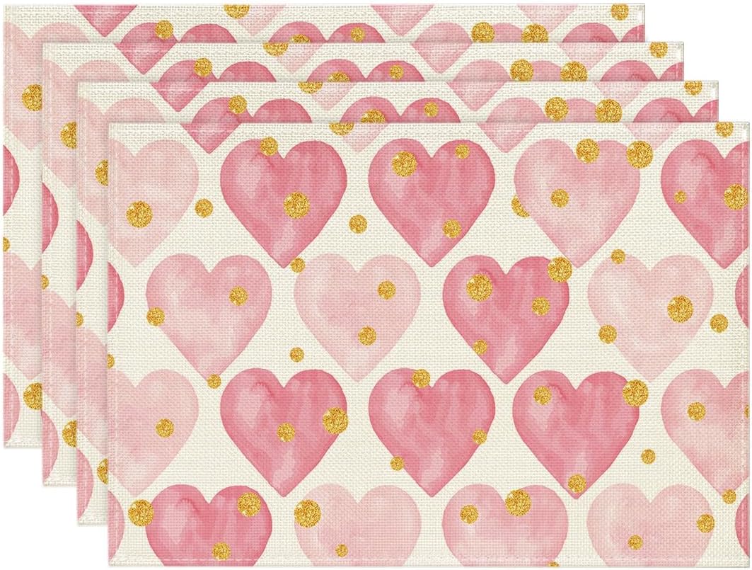

Polka Dot Golden Heart Love Placemats Set of 4, 12x18 Inch Anniversary Table Mats for Party Kitchen Dining Decoration 4pcs-12x18