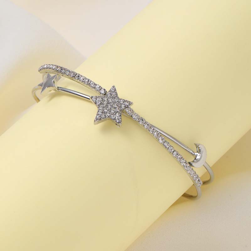 Fashion Double Layer Star Moon Cuff Bracelet For Women Simple Silver Color Crystal Hollow Geometric Bracelet Jewelry Gifts