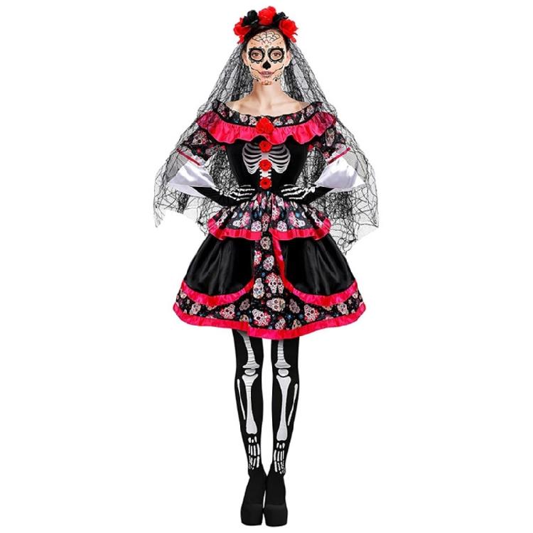 Day of The Deads Costume Sugar Skull Costume Flower Headbands Fishnet Thigh High Socks Gloves Roses Temporary Tattooed