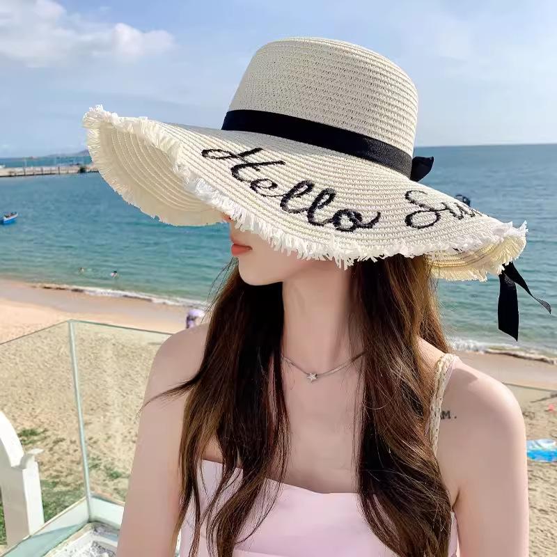 Straw Hat Women'S Summer Sun Protection Extra Large Brim Sun Hat Beach Seaside Vacation Sun Hat Foldable Hat Tide