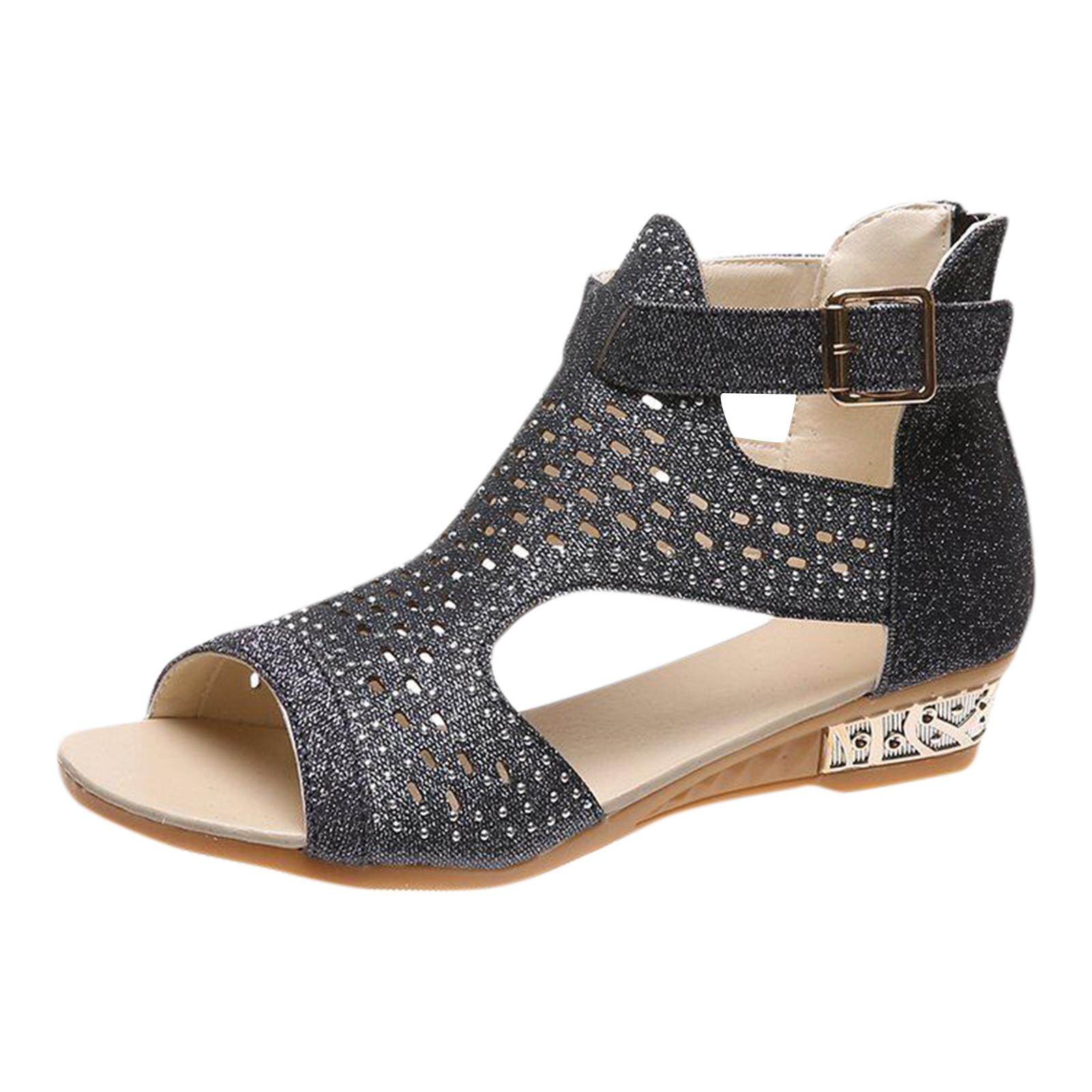 

Новые летние римские высокие босоножки с открытым носком и молнией сзади, женская обувь на танкетке со стразами и блестками чёрный