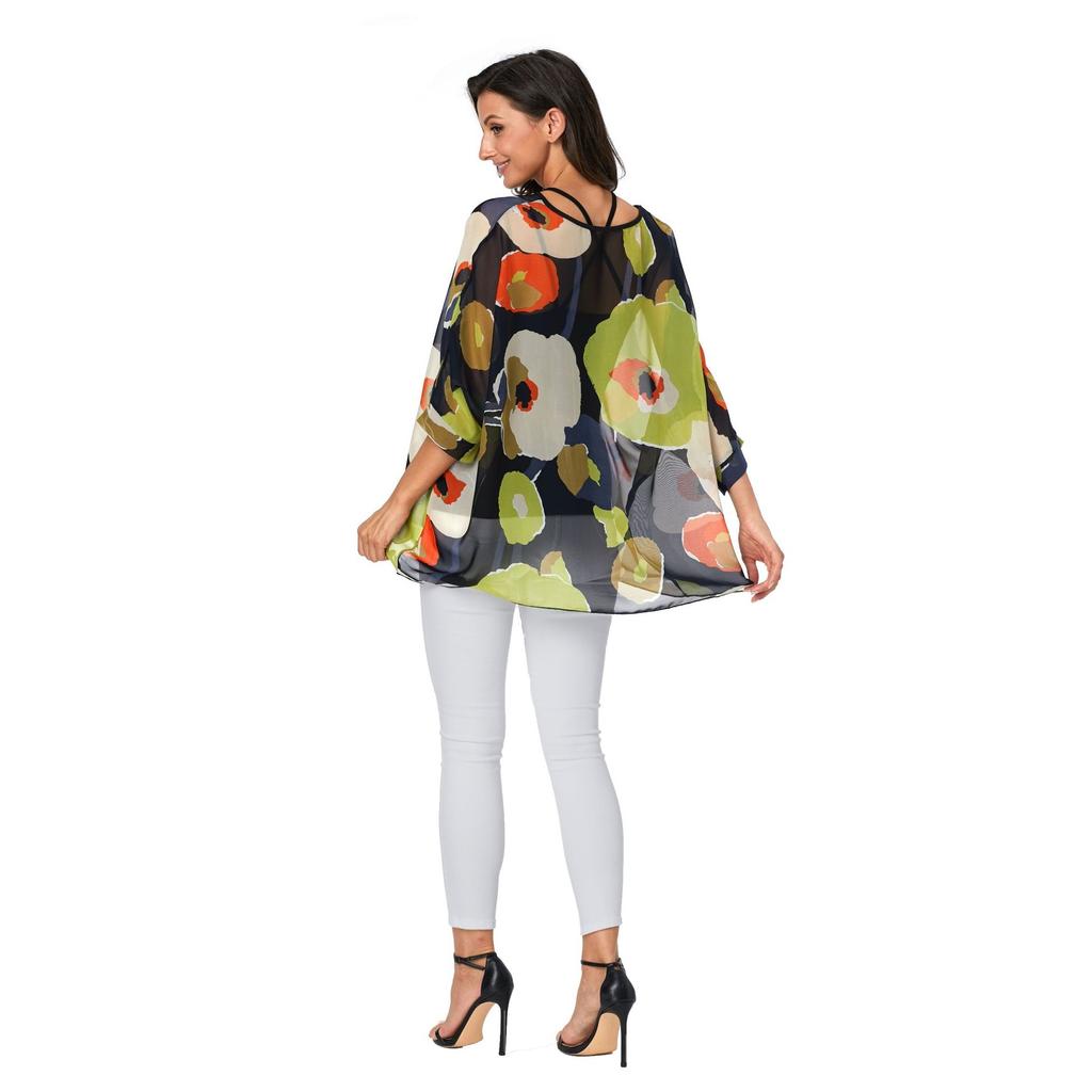 Plus Size Women's Bohemian Chiffon Shirt Beach Vacation Sun Protection Jacket Bikini Cover Up