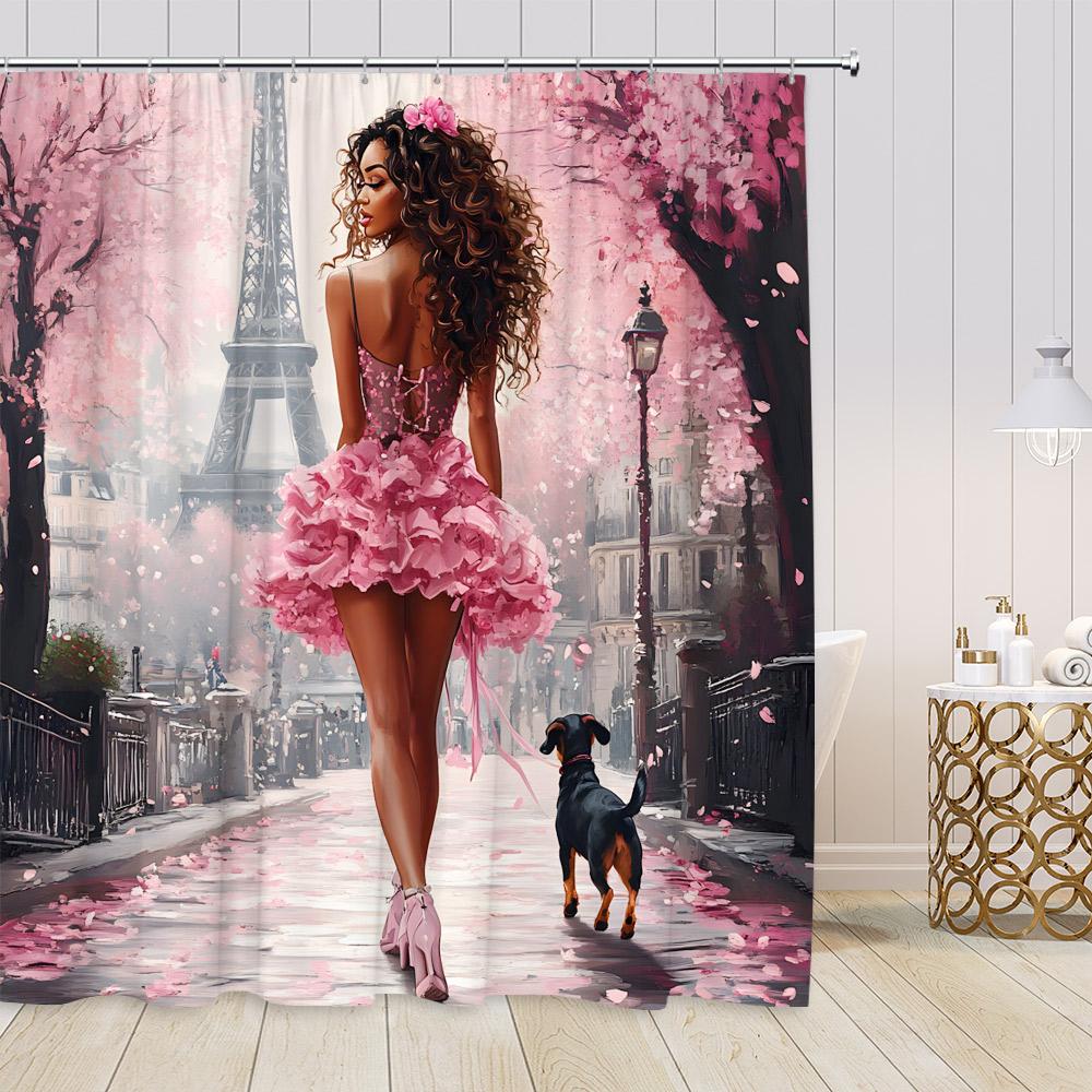 Pink Perfume Shower Curtains Cosmetics High Heels Flowers Black White Stripes Bathroom Decor Girl Fashion Vintage Bath Curtain