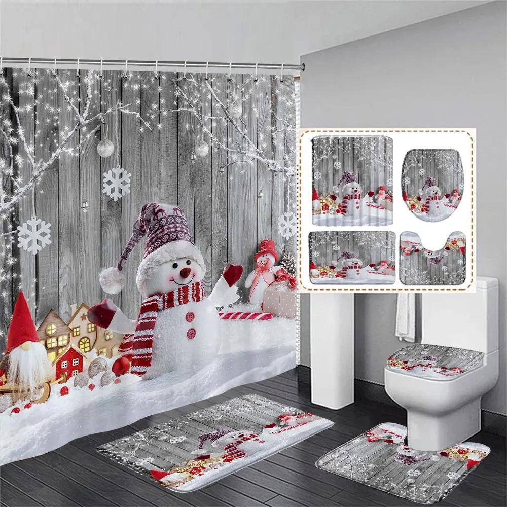 Niedlicher Schneemann-Weihnachts-Duschvorhang-Set, silberne Tannenzweige, Schneeflocken-Weihnachtskugeln, Badezimmer-Dekor, Teppich, Badematte, Toilettendeckelbezug