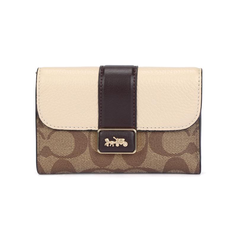 

COACH wallet Grace 13 pebbled pattern classic presbyopia color block snap closure canvas with leather clutch bag mini women s light khaki color розовый