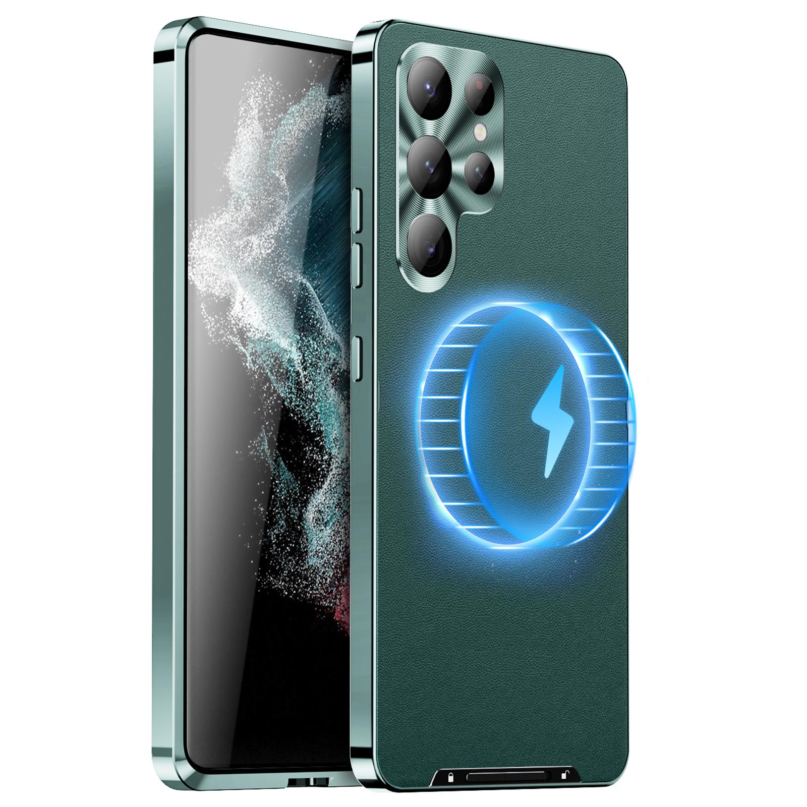 

For Samsung Galaxy S22 Ultra 5G Magnetic Case Texture Leather Camera Protection Phone Cover Green