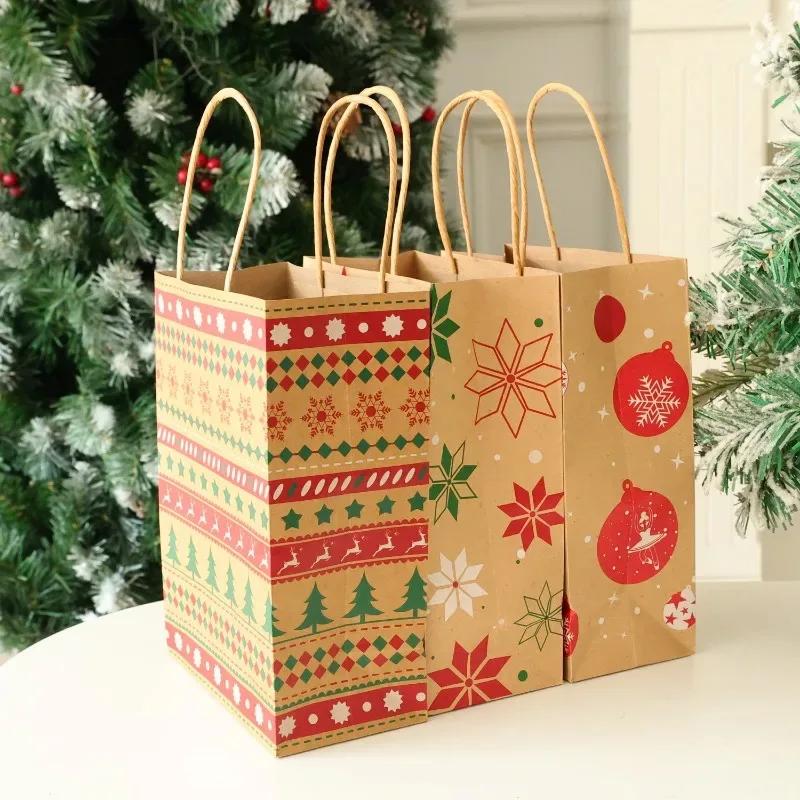 12pcs Christmas Snowflake Kraft Paper Bags with Handles Biscuit Candy Packaging Bag Xmas Tree Gift Pouch Home Decor Xmas Party