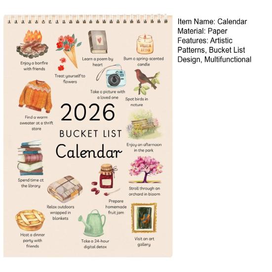 2026 Bucket List Kalender Künstlerischer Wandkalender Planer Hängender Monatskalender Zeiterinnerungskarte