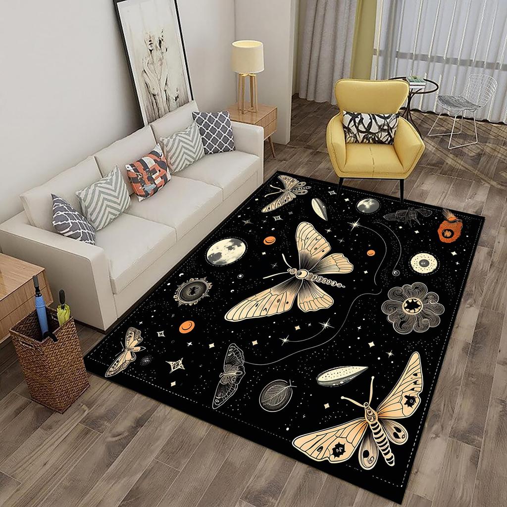 Butterfly Area Rug for Living Room Bedside, Gothic Moth Doormat Astrology Style Carpet Boho Exotic Starry Sky Indoor Floor Mat
