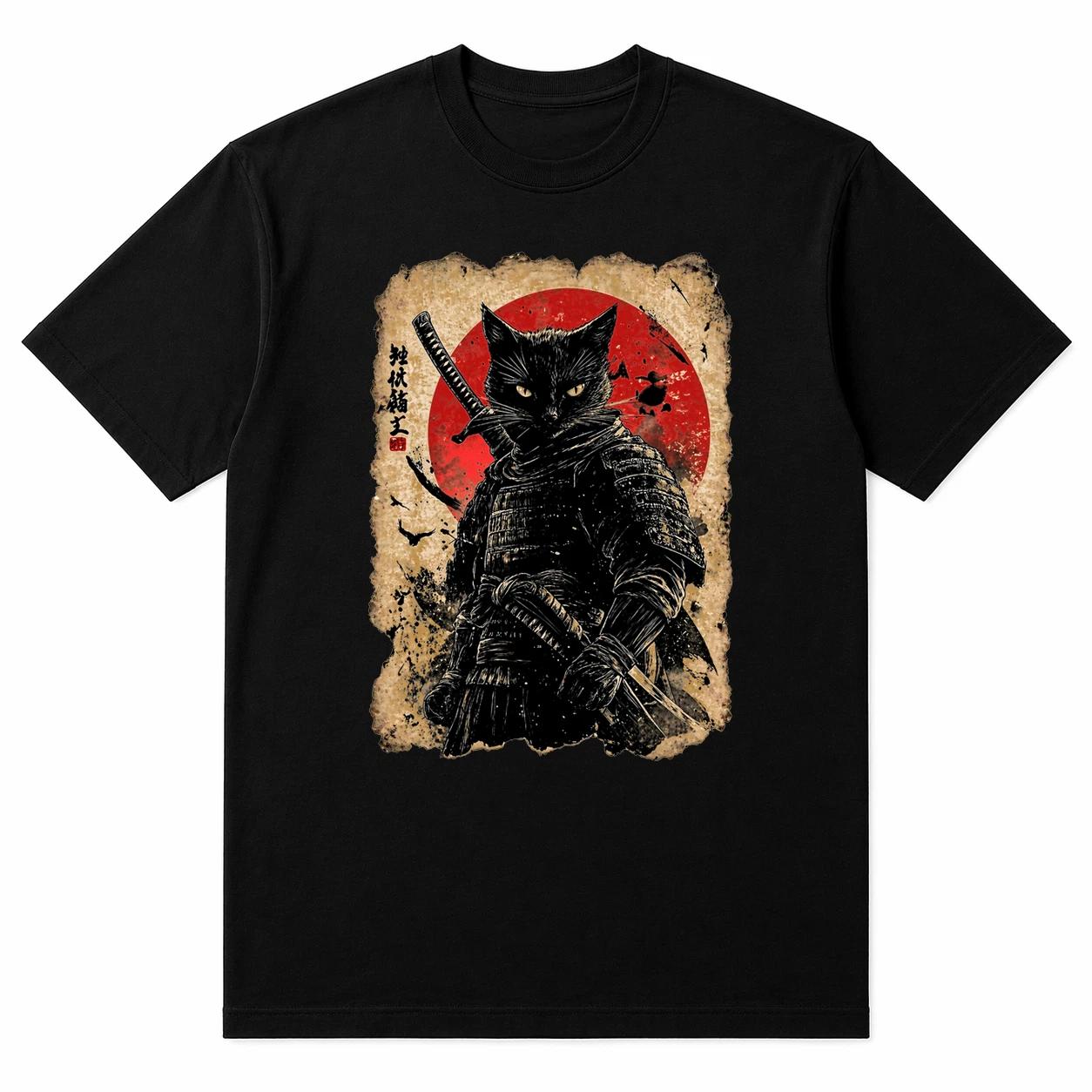 Samurai Cat Graphic T-Shirt Black Vintage Japanese Warrior Tee Streetwear Unisex L