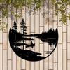 Rust Resistant Yard Decorations Round Nature Scene Iron Wall Art, Forest Lake Boating Metal Decor, Living Room Hanging Art Rustic Background Ornament