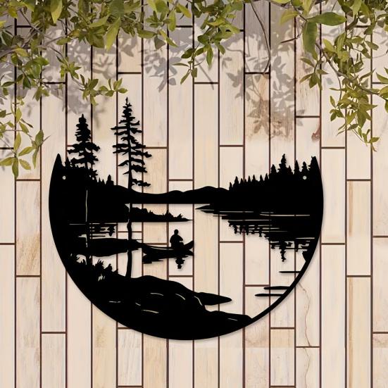 Rust Resistant Yard Decorations Round Nature Scene Iron Wall Art, Forest Lake Boating Metal Decor, Living Room Hanging Art Rustic Background Ornament