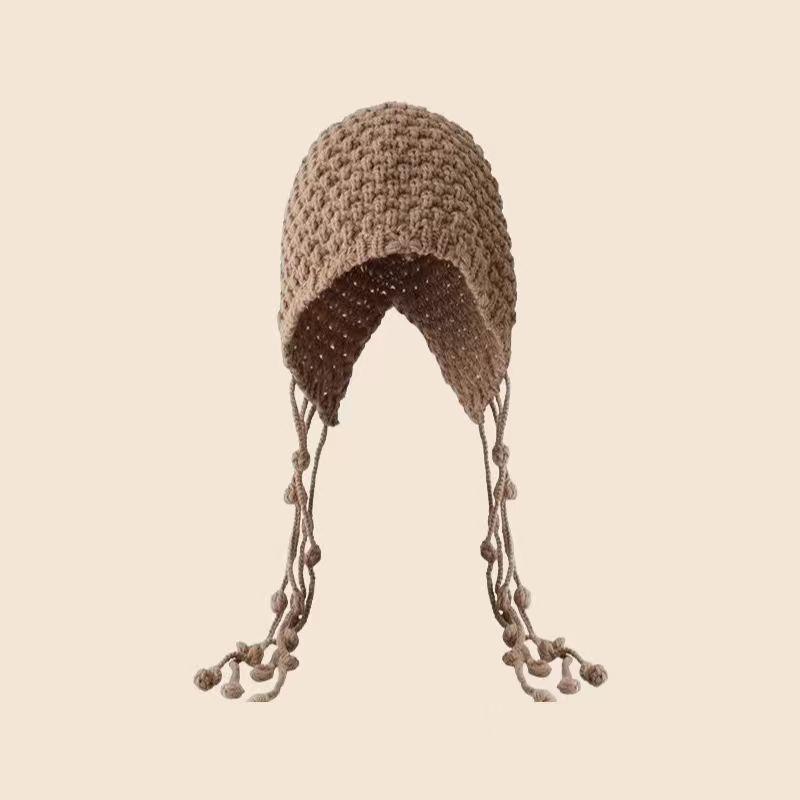 

Fashionable Hollow Knitted Hat for Women In Autumn and Winter New Style Tassel Ball Woolen Hat with Big Head and Round Head Small Face one size