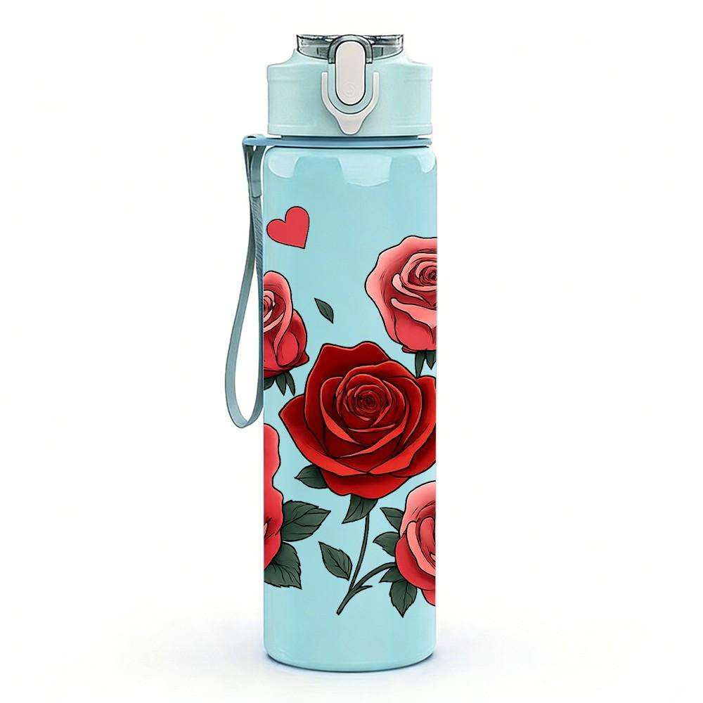 1PC Deep Red Rose Flower Bouquet Pattern 750ml Color Plastic Sports Water Bottle Leakproof Flip Straw Lid Suitable for Sports Office Home Use