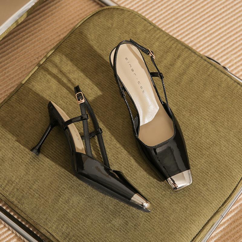

79903 [sheepskin] square head high heels women s 2025 summer new metal bag head thin heel one-word sandals 39