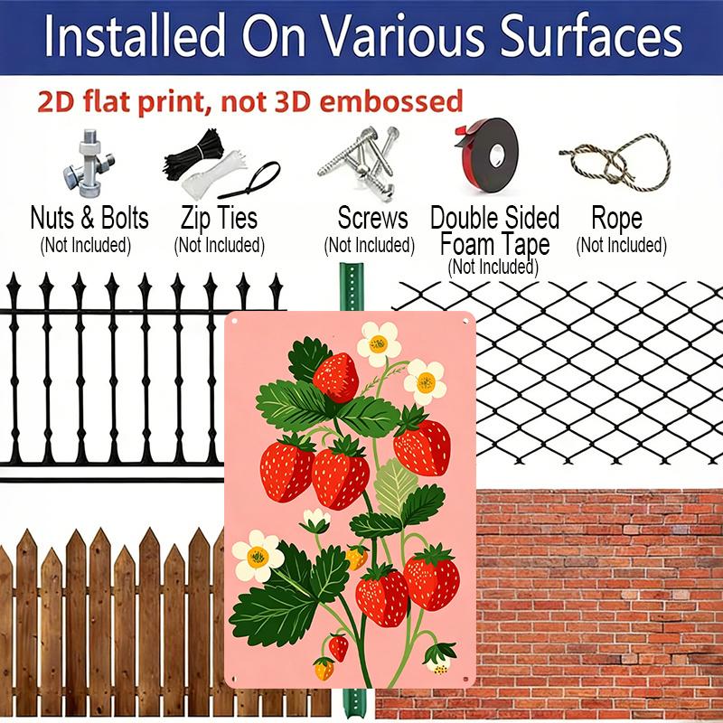 2D Flat, Pink Strawberry Plant Aluminum Sign - Retro Fruit Garden Wall Decor Kitchen Decor, Pantry, Garden Decor, Farmhouse Decor, Cottage Decor