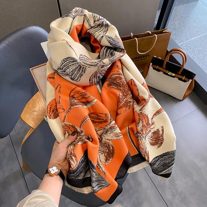 Thickened Warm Imitation Cashmere Scarf Women'S Autumn And Winter Chinese Style Floral Temperament Versatile Shawl To Keep Out The Cold Neck Scarf