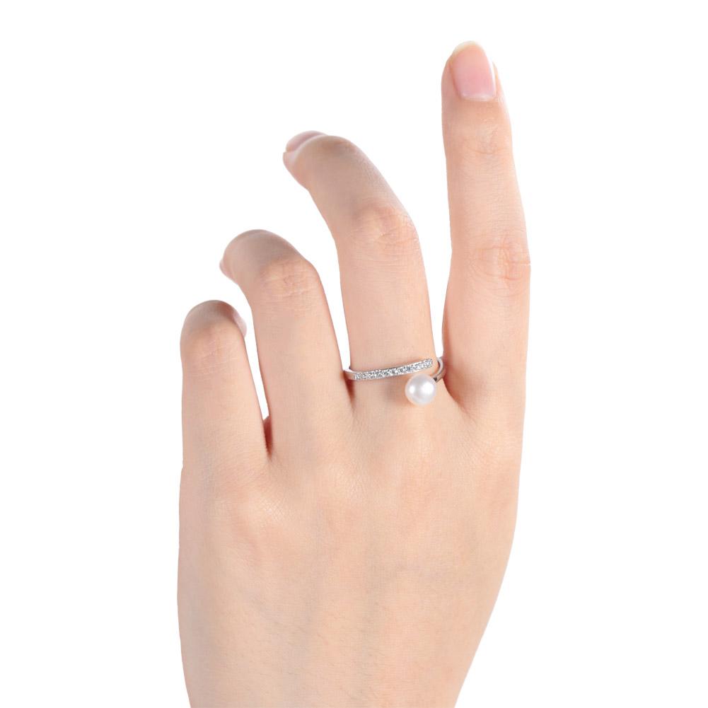 

s925 Silver Simple Women Zircon Faux Pearl Adjustable Opening Ring(US Size 7)