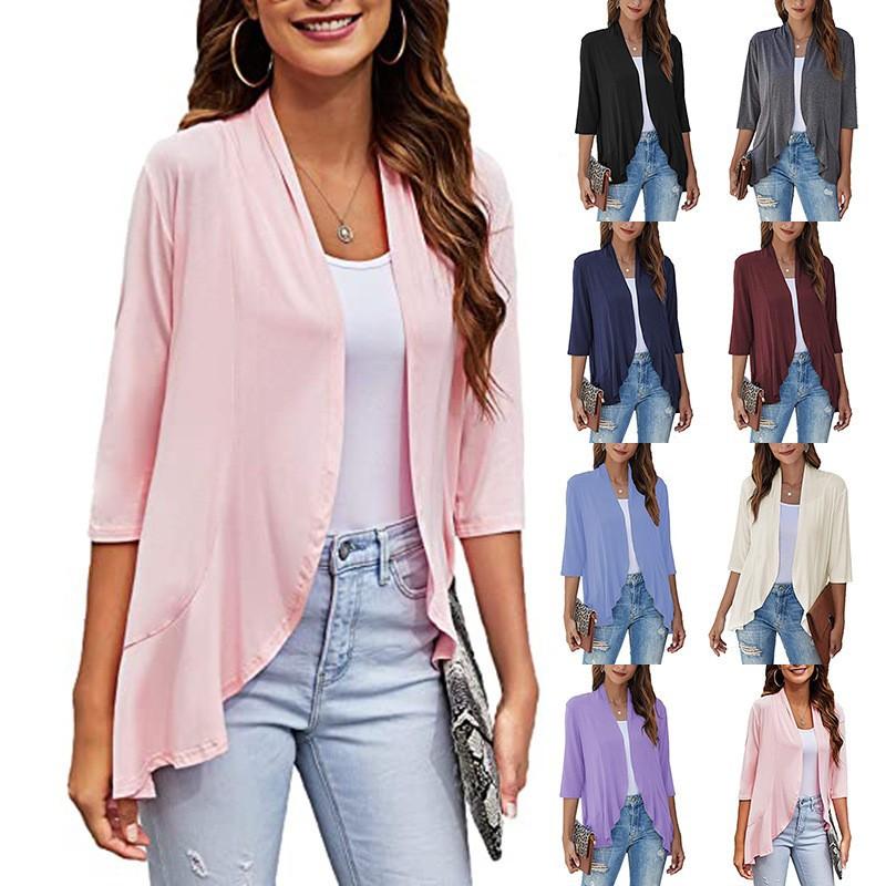 Europäische und Amerikanische Sommer Damen Oberteile, Neue einfarbige Strickjacken, Dreiviertelärmel, Rüschen, Lässiger Minimalistischer Stil