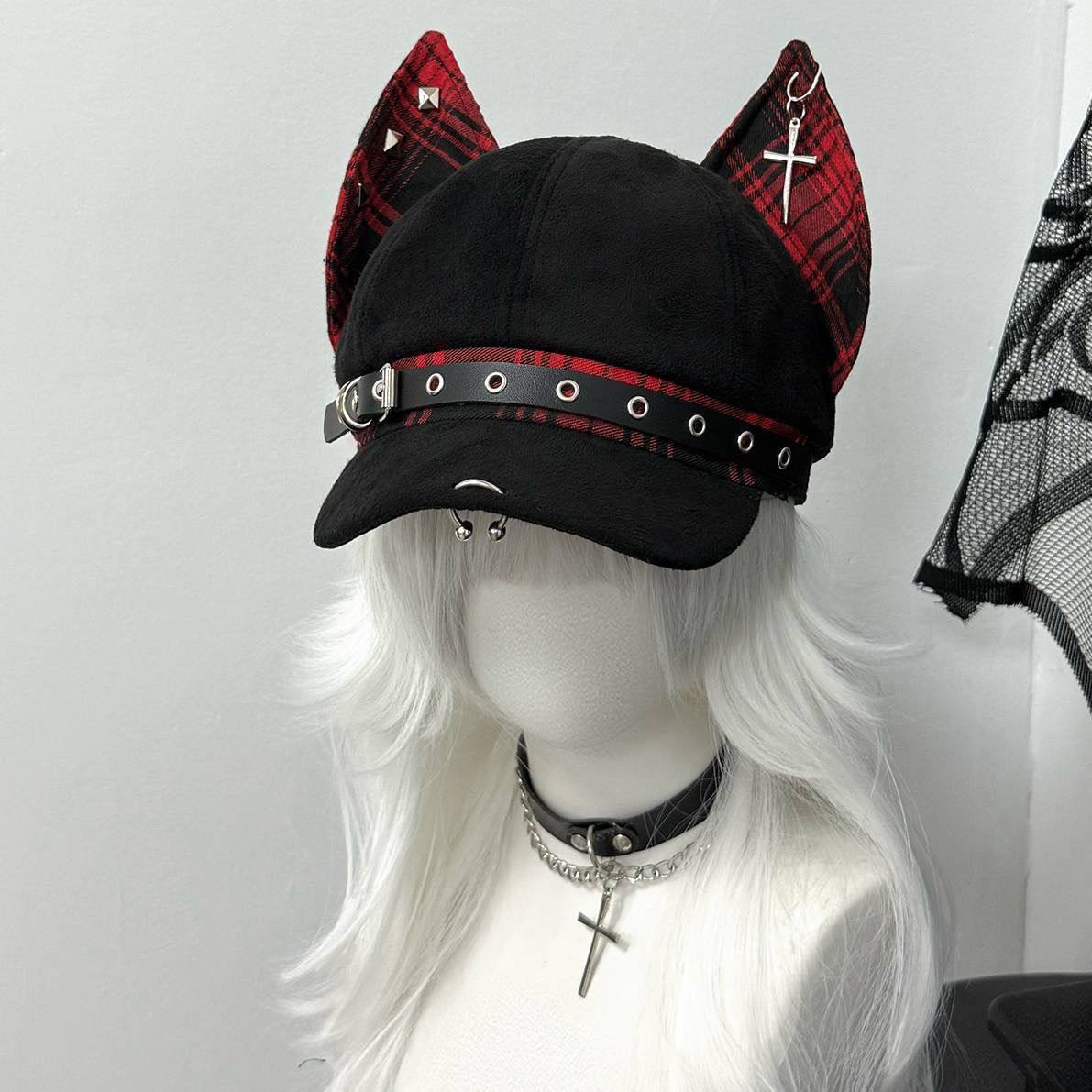

Y2K Spice Plaid Patchwork Dog Ears Hats Subculture Punk Berets Cool Fall Winter Cute Hats Berets Caps for Women
