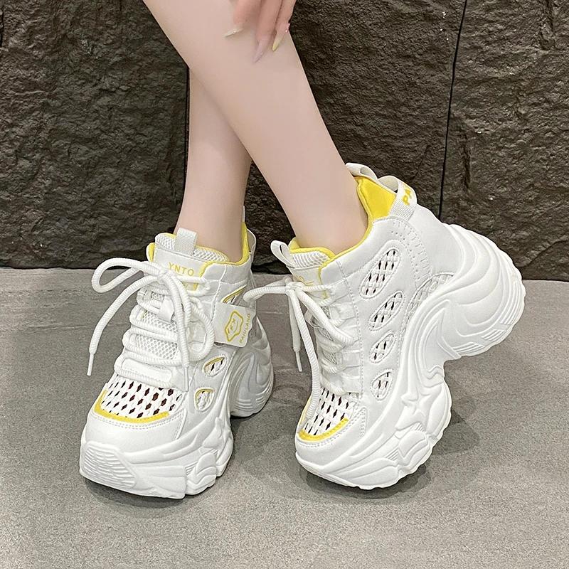 Fashion 10CM Chunky Leather Sneakers Summer Lace-up Casual Vulcanized Shoes Woman High Platform Breathable Hollow Mesh Sport Dad Shoes