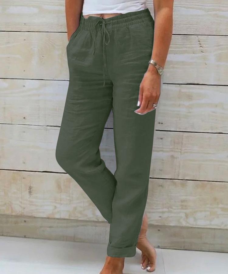 2024 Summer Elastic Waist Cotton Linen Wide-Leg Pants – Women's Loose-Fit Solid Color Trousers