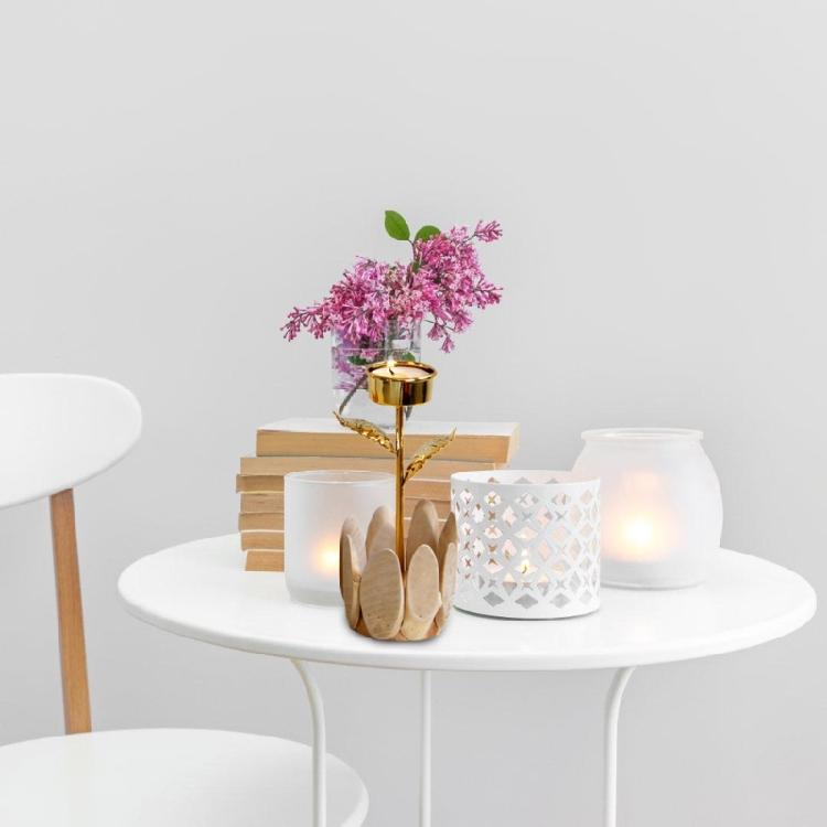 Decorative Wood Tealight Candle Holder Elegant Metal Flower Shape Potted Plant Candle Stand Candlesticks Home Decors