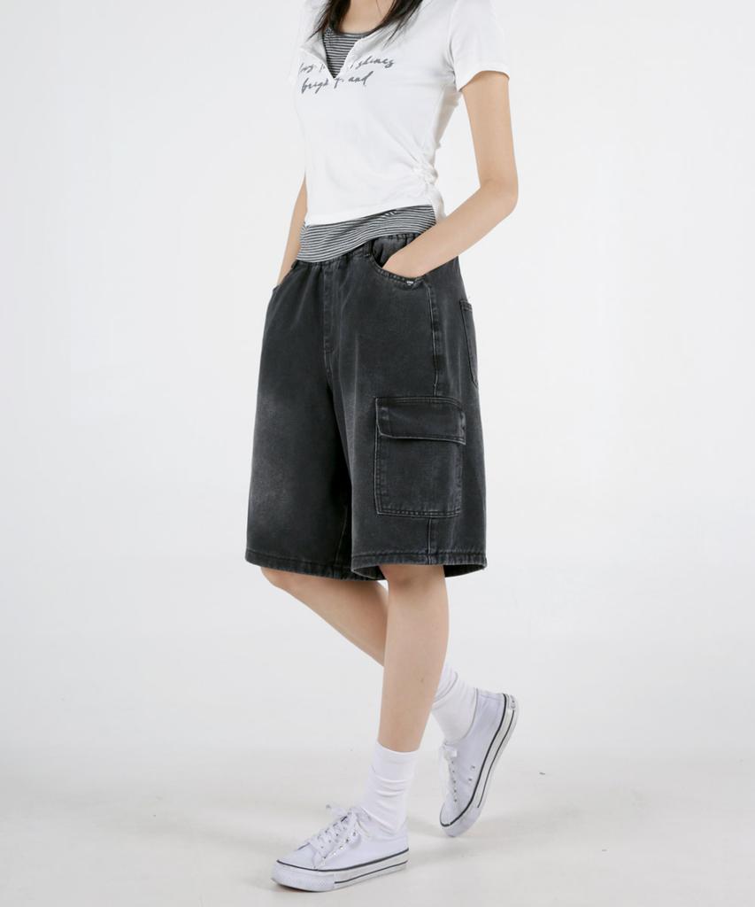 UMM Women'S Elastic Waist Bermuda Cargo Cool Denim Shorts 2 Colors