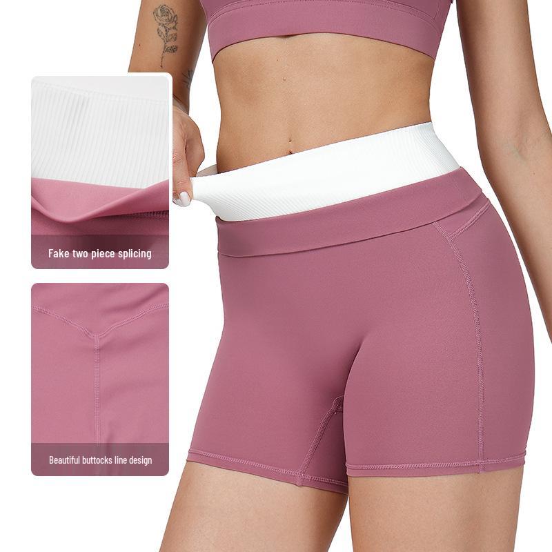 Hohe Taillen Farbe Block Po-Hebende Yoga-Shorts – Damen Gerippte Nude-Gefühl Lauf-Sport-Shorts (Stil 3129)