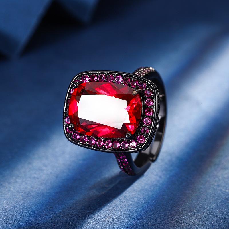 

Jewelry Copper Bottom Gold-Plated Simulation Red Corundum Blue Spinel Temperament Fat Square Black Gold Suit Women 10 * 14