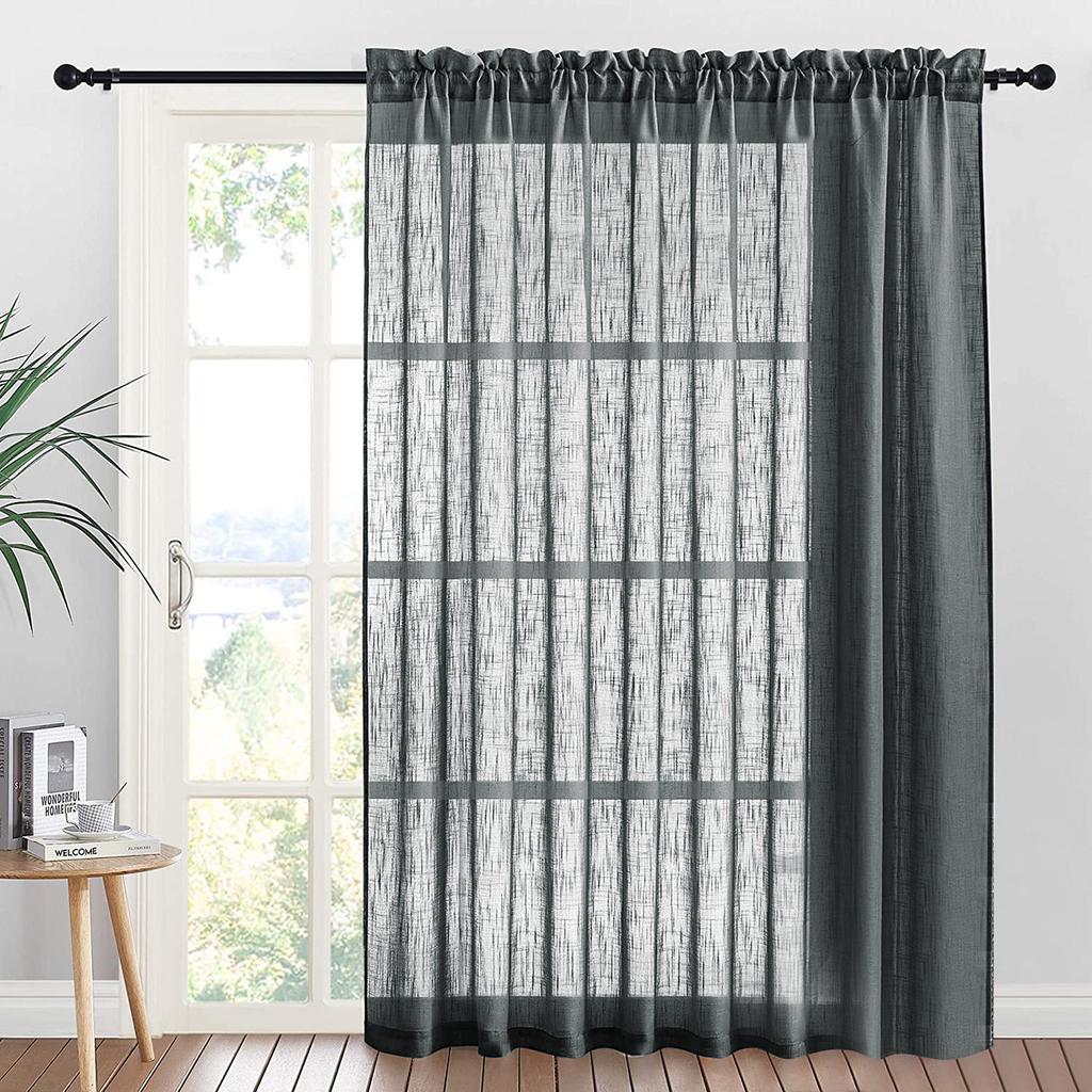 Solid Color Big Belly Hemp Blackout Window Screen Through Rod Pressing Line Living Room Finished Curtain