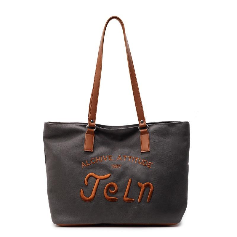 Canvas bag, letter embroidery tote bag, student commuting large capacity shoulder bag, literary shopping bag