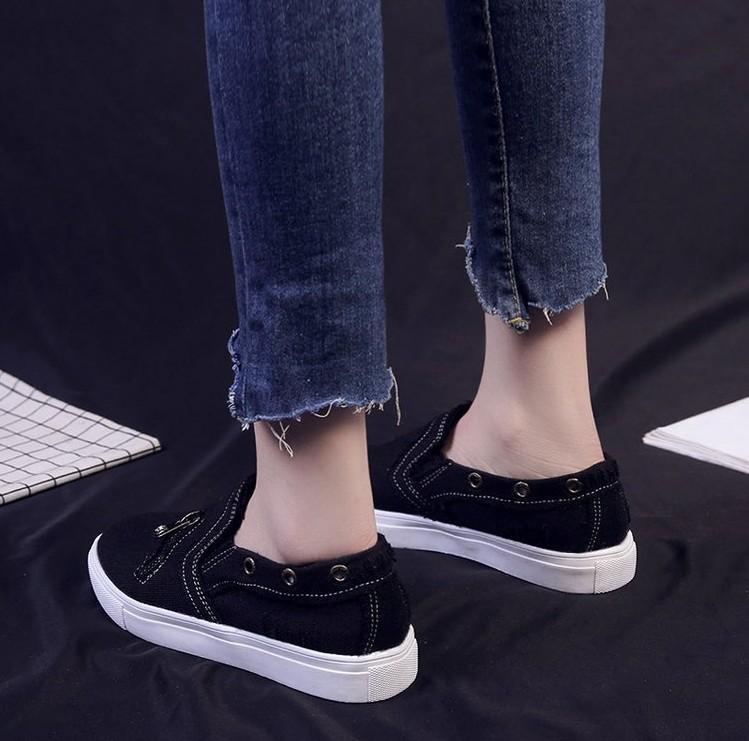 Special for large size single shoes, women's canvas loafers, denim zippers, one pedal, flat lazy shoes, casual board shoes.