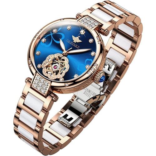 

OUPINKE Women s Automatic Mechanical Wristwatch, Premium Stainless Steel, 5 ATM Water Resistance, Japanese Movement, Gold & Blue