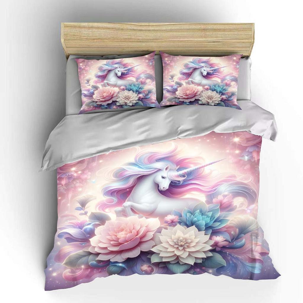 Magical Unicorn And Stunning Flowers Print Bedding Set 1 Duvet Cover 2 Pillowcases For Adult And Children Luxury Gift Full Size
